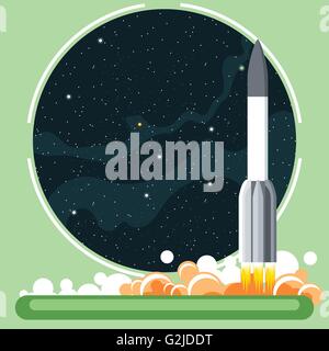 Rocket missile at launch with fire and smoke and space view. Digital vector image. Stock Vector