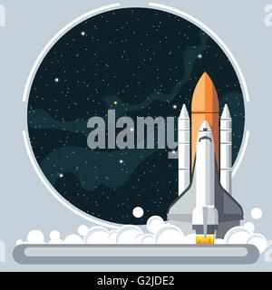 Shuttle at launch with fire and smoke and space view. Digital vector image. Stock Vector
