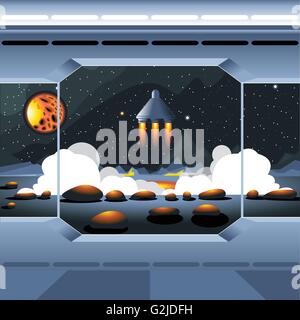 Spacecraft interior view and window to space and sun. Spaceship launch from a planet with rocks. Digital vector image. Stock Vector