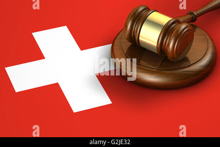 Switzerland law, code, legal system and justice concept with a 3d render of a gavel and the Swiss flag on background. Stock Photo