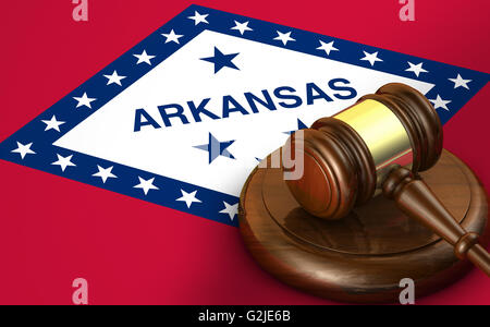 Arkansas US state law, code, legal system and justice concept with a 3d render of a gavel on the Arkansan flag on background. Stock Photo