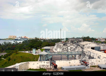 Fort Charlotte in Nassau, Bahamas, overlooking Atlantis complex and cruise port Stock Photo