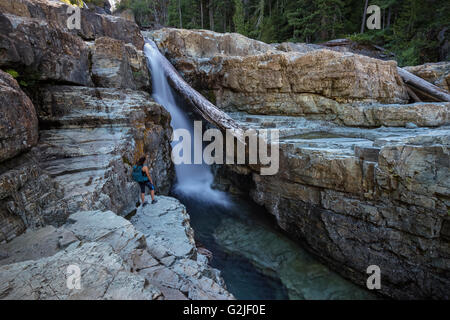 Female Hiker, Lower Myra Falls, Strathcona Provincial Park, Campbell River, Vancouver Island, British Columbia, Canada Stock Photo