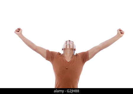 Young and careless afro man being very happy. Isolated image on white background. Stock Photo