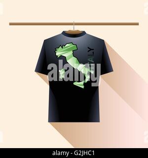 Black shirt with green italy logo country on a hanger in wardrobe over light background. Digital vector image Stock Vector