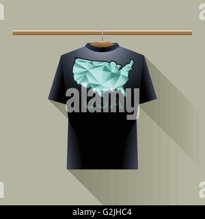 Black shirt with green usa logo country on a hanger in wardrobe over brown background. Digital vector image. Stock Vector