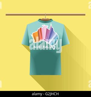 Aqua shirt with colored australia logo country on a hanger in wardrobe over yellow background. Digital vector image Stock Vector