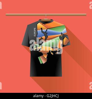 Abstract black shirt with europe colored logo with triangles and text on a hanger in wardrobe over red background. Digital vecto Stock Vector