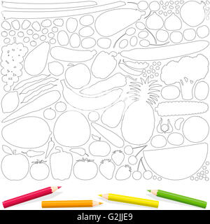 Fruits and vegetables outline coloring page, with four color pencils. Isolated vector illustration on white background. Stock Photo