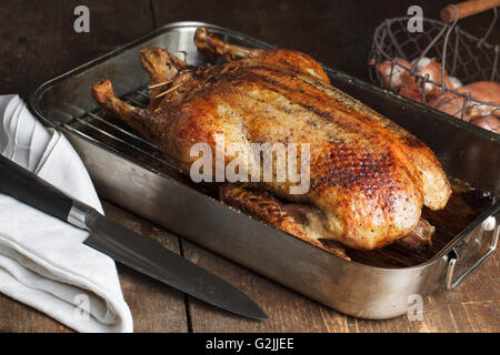 Crispy roasted Barbery Duck in in roasting pan ready for serving Stock Photo