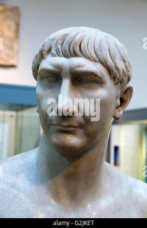 Marble bust of the Emperor Trajan (AD 53 - 117), thirteenth Emperor of the Roman Empire (AD 98-117), date of statue c. AD 108-117, British Museum, Bloomsbury, London, England, UK Stock Photo