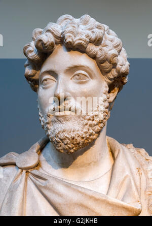Marble bust of the Emperor Marcus Aurelius (AD 121 – 180), joint sixteenth Emperor of the Roman Empire (AD 161-180), date of statue c. AD 160-170, British Museum, Bloomsbury, London, England, UK Stock Photo