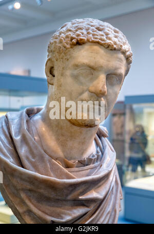 Marble head of the emperor Caracalla (AD 188 - 217), joint twenty-second Emperor of the Roman Empire (AD 198–217), date of statue c. AD 215-217, British Museum, Bloomsbury, London, England, UK Stock Photo