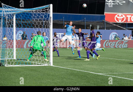 New York, NY USA - May 29, 2016: Frederic Brillant (13) of NYC FC scores goal during MLS match against Orlando City SC on Yankee stadium Stock Photo