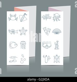 Diving icons set with fish and equipment on brochure Stock Vector