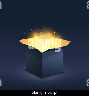 Blue box with magic golden light on dark Stock Vector