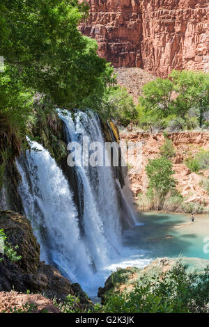 Side view of Navajo Falls plunging into a blue-green pool on Havasu Creek on Havasupai Indian Reservation in the Grand Canyon. Stock Photo