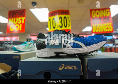 Closing sales at a Sports Authority store in New York on Saturday, May 28, 2016. The chain is in the process of liquidation and will be closing all 450 stores. (© Richard B. Levine) Stock Photo