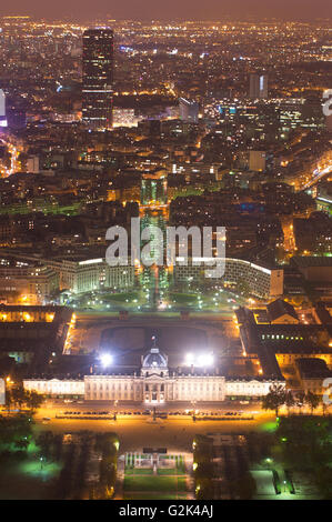 Aerial Night view of Paris City and Seine river shot on the top of Eiffel Tower Stock Photo