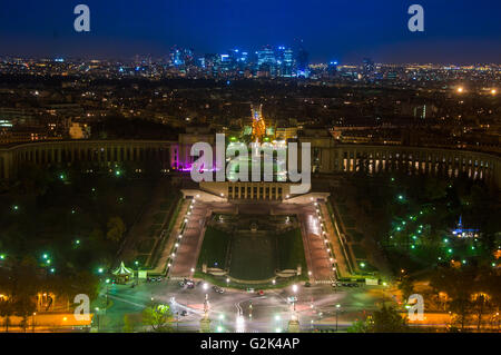 Aerial Night view of Paris City and Seine river shot on the top of Eiffel Tower Stock Photo