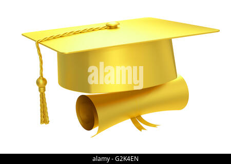 Golden graduation cap diploma, 3D rendering isolated on white background Stock Photo