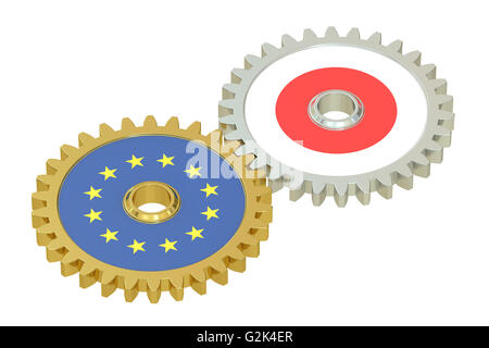 Japan and EU flags on a gears, 3D rendering isolated on white background Stock Photo