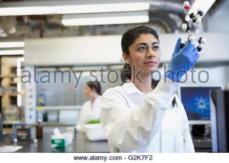 Scientist examining molecule model in laboratory