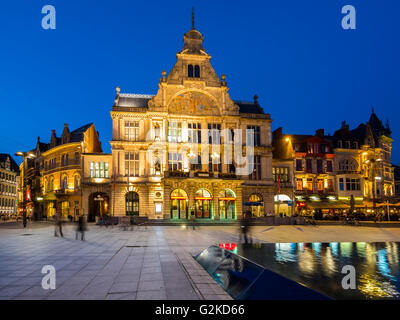 Theatre, Schouwburg at Sint-Baafsplein, Twilight, Ghent, Flanders, Belgium Stock Photo