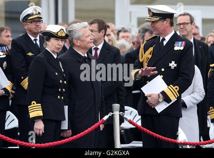 The Princess Royal, German President Joachim Gauck and Vice Admiral Sir Timothy Laurence attend a service at Lyness Cemetery on the island of Hoy, Orkney, to mark the centenary of the Battle of Jutland. Stock Photo