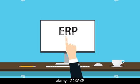 erp enterprise resource planning concept with computer and hand Stock Vector