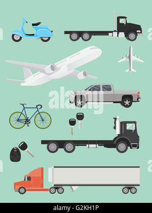 transportation collection truck suv plane airplane trailer motor and bike Stock Vector