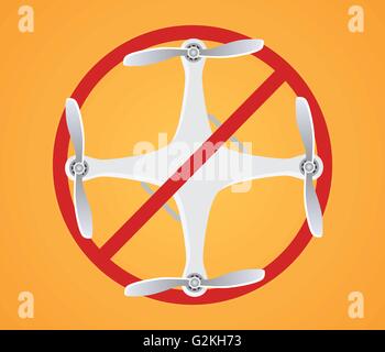 no drone ban illustration with drones and red sign Stock Vector