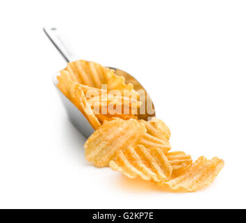 Crinkle cut potato chips isolated on white background. Tasty spicy potato chips in scoop. Stock Photo