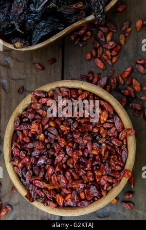 Assortment of Dried Hot Peppers, High Angle View Stock Photo