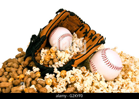 Baseball Season Game Day With Snacks Of Peanuts and Popcorn On White Background Stock Photo