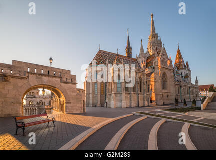 Roman Catholic Matthias Church and Fisherman's Bastion in Early Morning in Budapest, Hungary Stock Photo