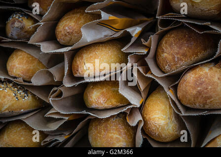 Fresh baked bread baguettes at the Farmers Market Stock Photo