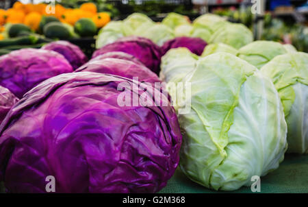 Fresh organic cabbages at the Farmers Market Stock Photo