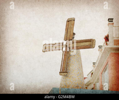 The old windmill on the old brown paper Stock Photo