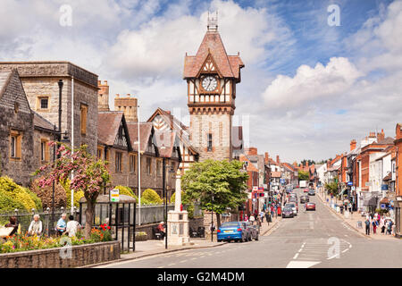 Ledbury High Street, with the Clocktower dedicated to Elizabeth Barrett-Browning, Herefordshire, England, UK Stock Photo