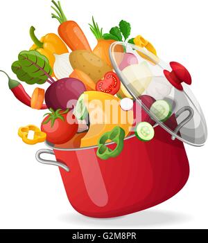 Fresh vegetables flying in a pot on an isolated white background. Vector illustration. Stock Vector