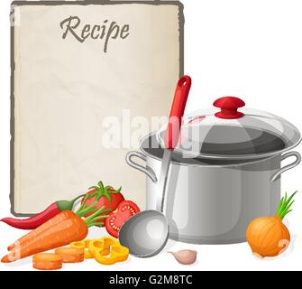 Recipe card. Kitchen note blank template vector illustration. Cooking notepad on table with kitchenware and vegetables Stock Vector