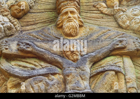 Stone altar carved in sandstone cliff in the forest  - detail Stock Photo