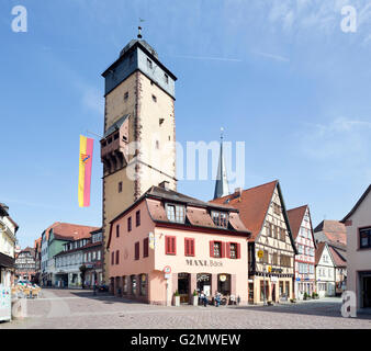 Half-timbered houses and Bayersturm in the historic city, Lohr am Main, Main-Spessart, Lower Franconia, Bavaria, Germany Stock Photo