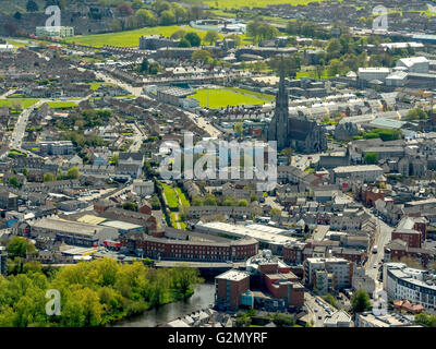 Aerial view, Downtown Limerick on the River Shannon with the city of St. John's, Limerick, COUNTY CLARE, Limerick, Ireland, Stock Photo