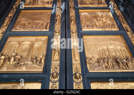 Florence Baptistery, bronze East doors, Gates of Paradise, by Lorenzo Ghiberti, Piazza Del Duomo, Florence, Italy Stock Photo