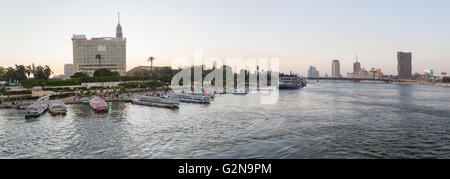 Cairo, Egypt - May 26, 2016: Panoramic view of party boats docked on the Nile river on the island of Zamalek in central Cairo. Stock Photo