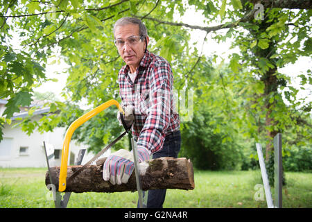 Senior man sawing a log handsaw closeup Stock Photo