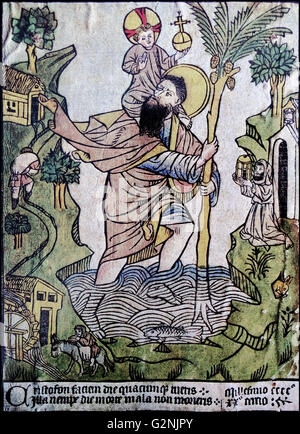 Woodcut, tinted in watercolour, of St Christopher. Dated 15th Century Stock Photo