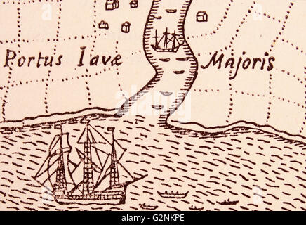 The Golden Hind at Java. From the chart of Drake's Voyages. Stock Photo